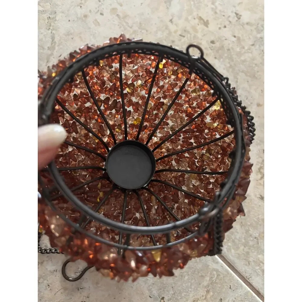 Vintage Hanging TeaLight Candle Holder Amber Glass Beads Metal Frame NOS New